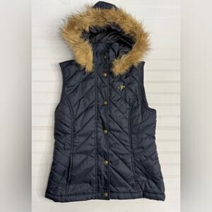 Southpole Y2K Faux Fur Black Gold Puffer Vest Zip Button Up Size Medium